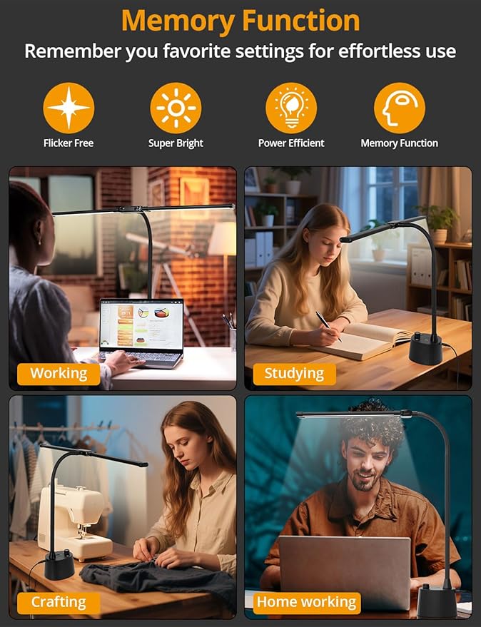 Desk Lamp with Dual Head & 10W Smart Dual USB Charging Port 5 Color Modes Dimmable Reading Light 2600 Lumens 12W Table Lamp for Bedside Office, Adapter Include