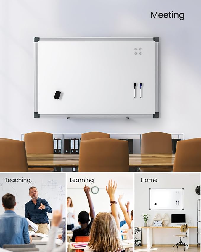 VUSIGN 12PCS Magnetic White Board Kit for Wall 36" x 24", 12 Dry Eraser & 24 Multicolor Markers & 48 Magnetic Pins, Sliver Reinforced Aluminum Frame for Home, School, Office