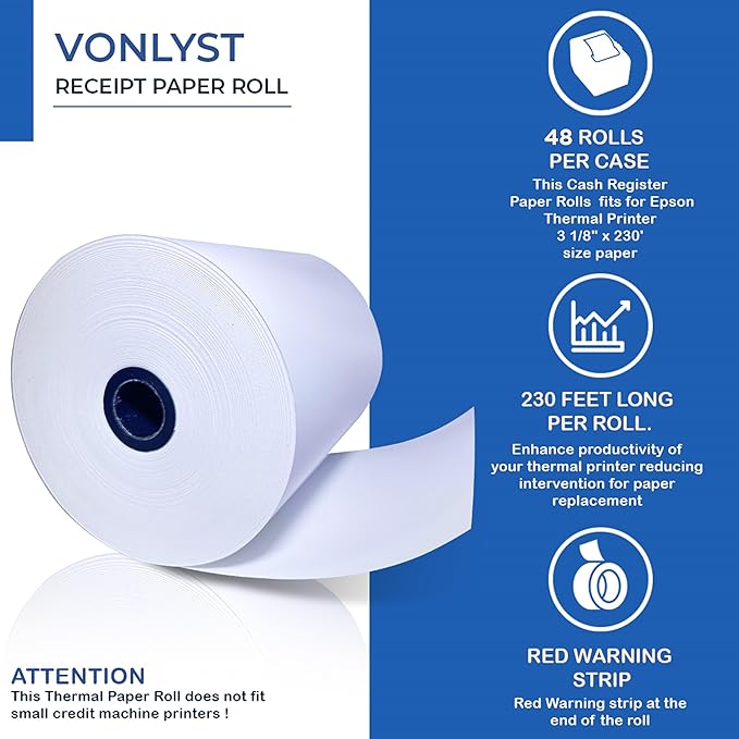 3 1/8 x 230 Thermal Paper Receipt Roll for Epson Printer (Pack 48 rolls)