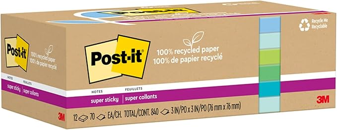 Post-it 100% Recycled Paper Super Sticky Notes, 3 in. x 3 in., 12 Pads, 70 Sheets per Pad, Oasis Collection, School Supplies and Office Products