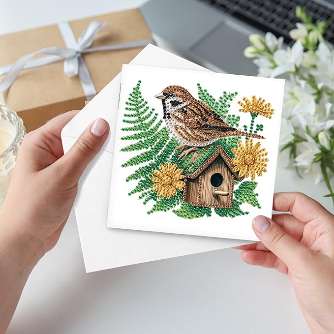 Tontut 6pcs Diamond Art Painting Kit Greeting Card, Bird on The House 5D DIY Diamond Handmade Holiday Greeting Card with Envelope, Holiday Gift Congratulation