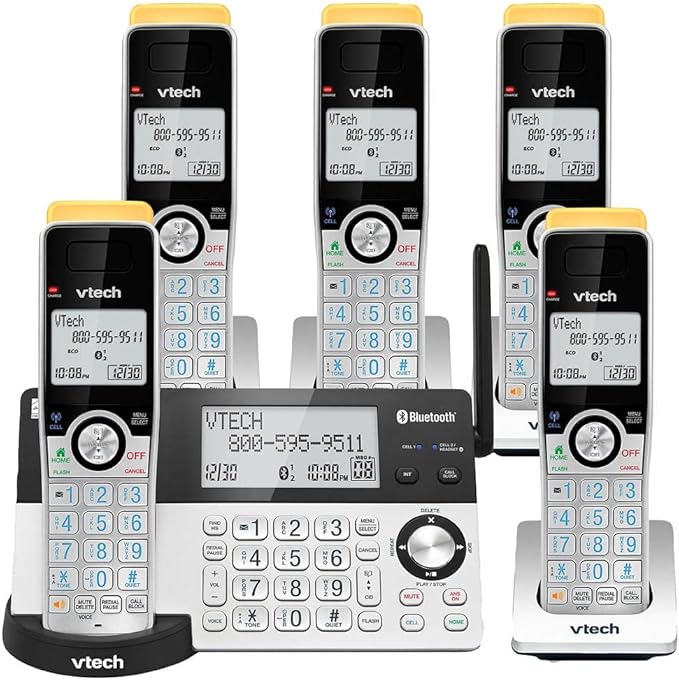 VTech Super Long Range 5 Handset DECT 6.0 Cordless Phone for Home with Answering Machine, 2300 ft Range, Call Blocking, Bluetooth, Headset Jack, Power Backup, Intercom, Expandable to 12 HS