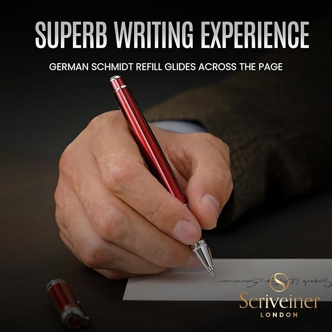 Scriveiner Personalized Deep Crimson Red Pen - Stunning Red Lacquer Luxury Pen with Chrome Finish, Schmidt Ink Refill, Best Engraved Roller Ball Gift Set for Men & Women, Custom Name Engraving