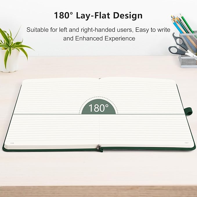 RETTACY Lined Journal Notebook, 2-Pack, 192 Numbered Pages per Pack, A5 Medium Size (5.7'' x 8.3''), for Men & Women, Writing, Work, Leather Hardcover, 100 GSM Thick Paper (Black & Dark Green)