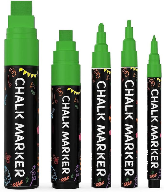5 Green Chalkboard Chalk Pens - Green Dry Erase Markers for Blackboard, Chalkboard Signs, Windows, Glass | Variety Pack - Fine & Jumbo Size Ink Pen (1mm, 3mm, 6mm, 10mm, 15mm)
