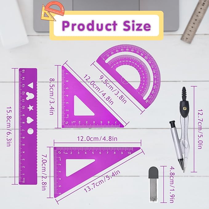 6 Pcs Metal Geometry Set, Math Geometry Kit, Metal Ruler Set and Compass Geometry Tool, Rulers Protractor and Compass Set for Student School and Drawings Supplies (Purple)