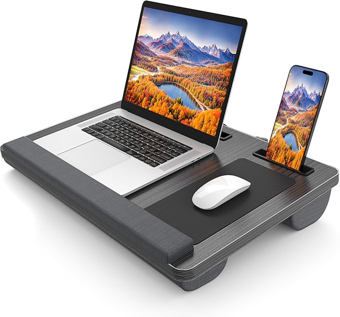 Laptop Lap Desk, Portable Large Laptop Desk for Bed, Up to 17 Inch Lap Pad Tray with Wrist Rest, Mouse Pad, Tablet Phone Slot, Portable Handle, Cushion (Black)