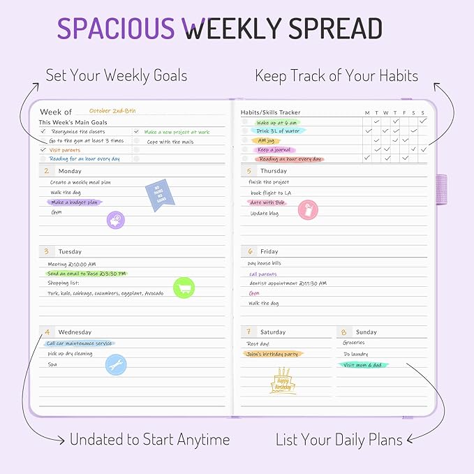 Undated Weekly Planner for 2025, Forvencer Simplified Weekly & Monthly Calendar Planner, Cute Daily Organizer Notebook, Agenda Journal to Track Goals & Tasks, Start Anytime, A5 Size, Navy Floral