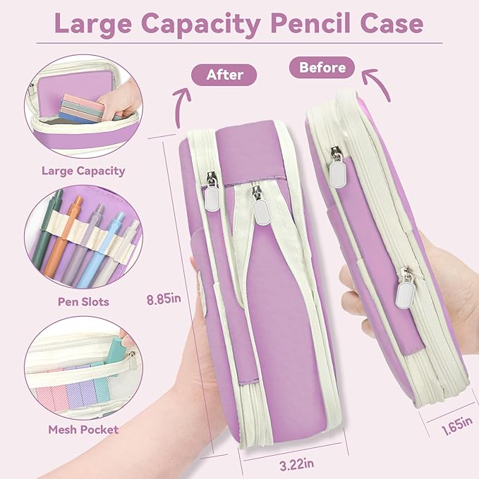 52 PCS Aesthetic School Supplies with Cute Pencil Case, Stationery Essentials with Pens Pencils and Pastel Highlighters Set, College Back to School Supplies for Teen Girls, Office Supplies - Purple