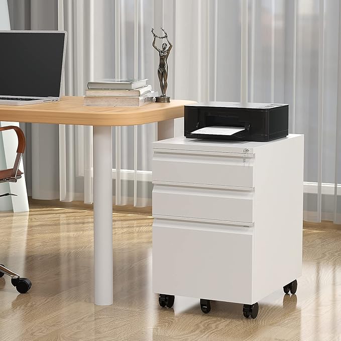 3 Drawers File Cabinet with Lock Metal Vertical File Cabient with Wheels Mobile File Cabinet for Office Home Fully Assembled (White)