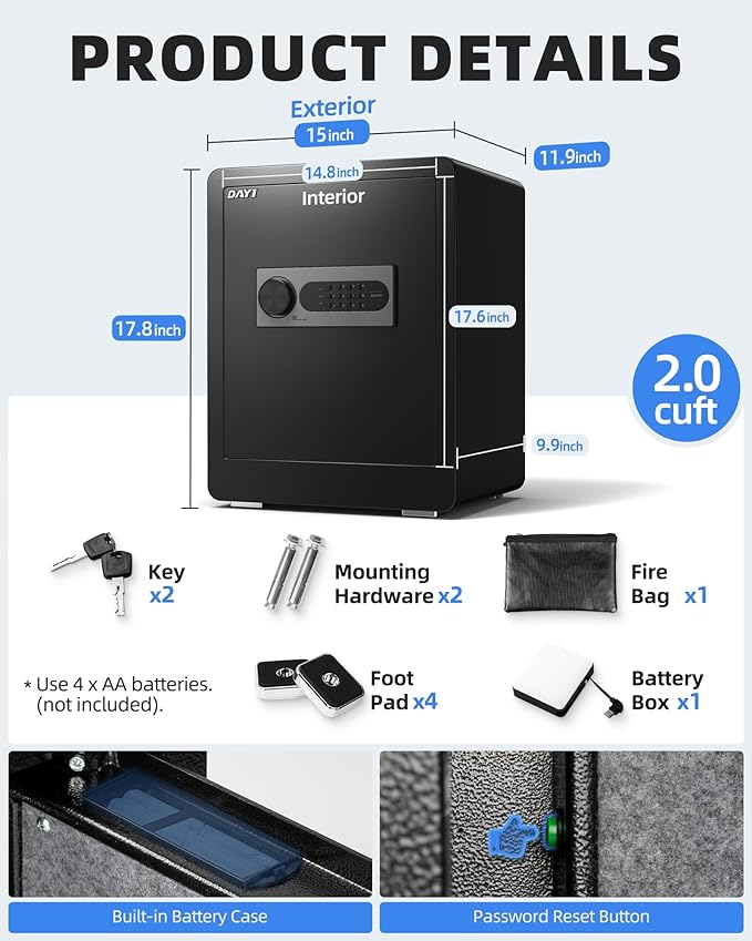 DAYI Safe Box, 2.0 Cubic Feet Home Safe with Fireproof Waterproof Bag, Security Safe Box for Money Cash Valuables, Digital Electronic Keypad, Dual Alarm System, Removable Shelf - D-45