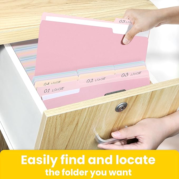 SUNEE File Folders Letter Size 10 Pastel Colors, 100 Pack Manilla Folders 8.5 x 11 1/3-Cut Tabs, Colored File Folders Office Home School for Documents Files Paper