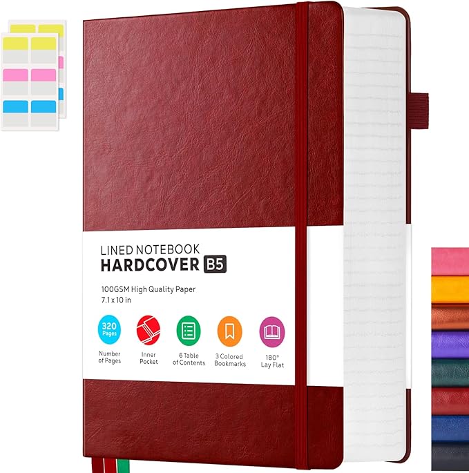 Thick Notebook Journals for Writing, Hardcover College Ruled Notebook Lined Journal for School Office Women and Men Work Organization, B5, 7.1'' X 10'', Burgundy, 320 Pages