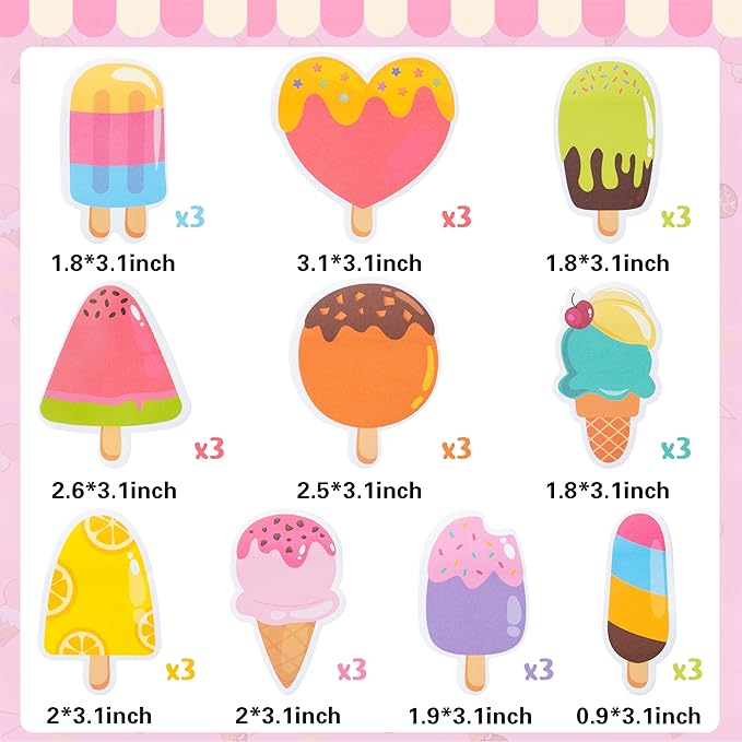 30 Pack Ice Cream Sticky Notes, Total 600 Sheets, Assorted Summer Fruit Popsicle Sticks Self Sticky Memo Pads for Office School Student Kids Class Birthday Party Favors Goodies Bag Fillers