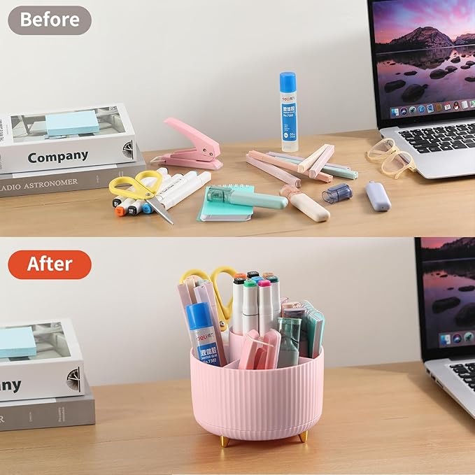 Desk Pencil Pen Holder, 5 Slots 360°Degree Rotating Organizers for Desk, Desktop Storage Stationery Supplies Organizer, Cute Cup Pot Office, School, Home, Art Supply, Pink