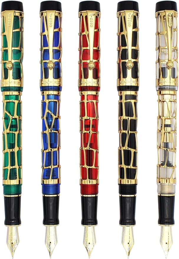 Gullor Century 100 Fountain Pen, Skeleton Hollow-out Series Golden, Screw-Cap, Fine Nib, Transparent