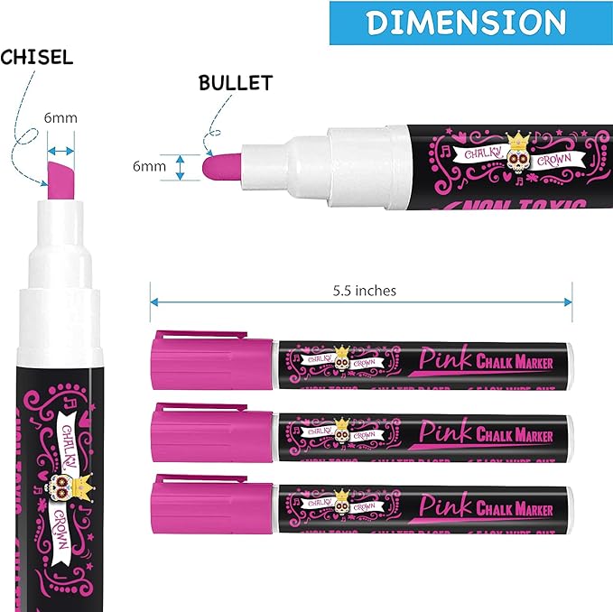 CHALKY CROWN Liquid Chalk Marker Pen - Dry Erase Marker - Chalk Markers for Chalkboard Signs, Windows, Blackboard, Glass - 6mm Reversible Tip (Pink, 5 Pack)