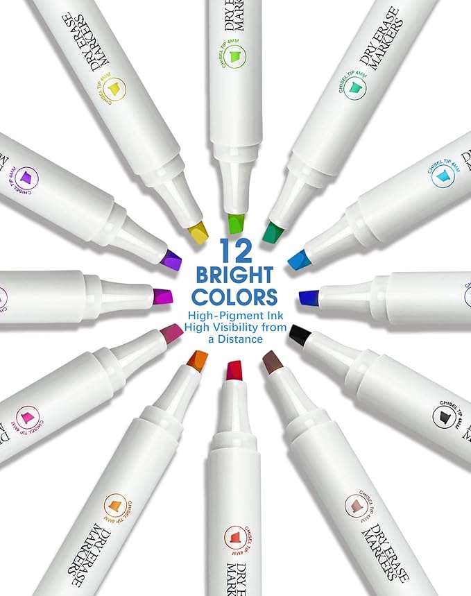 SFAIH Dry Erase Markers Chisel Tip with Magnetic Whiteboard Eraser, 72 Bulk 12 Assorted Colors White Board Markers for Teachers, Versatile Lines, 1s Quickly Dry, Perfect for Classroom and Office