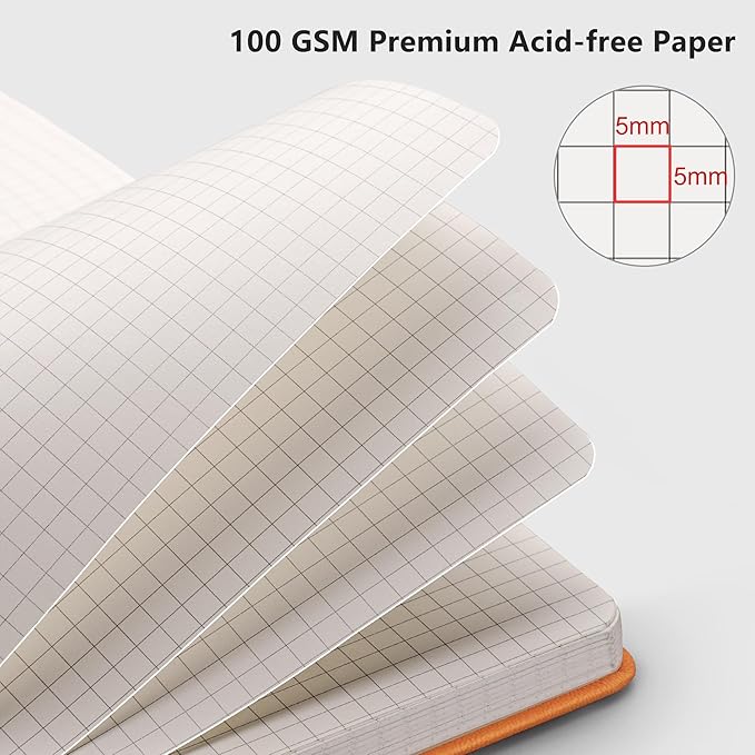 RETTACY Graph Grid Paper Notebook, 192 Pages, A5 Medium Size (5.7'' x 8.3''), 5 Squares per Inch, Leather Hardcover, 100 GSM Thick Paper, for School, Students, Math, Engineering (Orange)