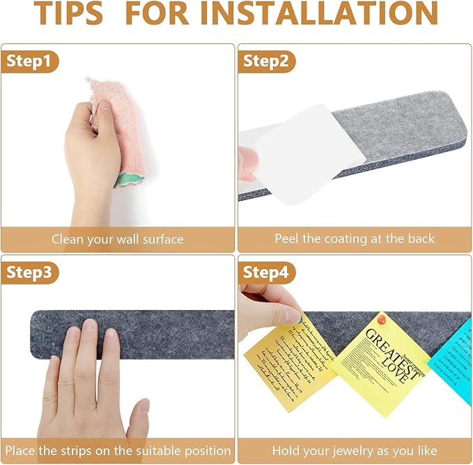 8 Packs Felt Pin Board Bar Strips Bulletin Board for Bedrooms Offices Home Wall Decoration, Notice Board Self Adhesive Cork Board with 50 Push Pins for Paste Notes, Photos, Schedules