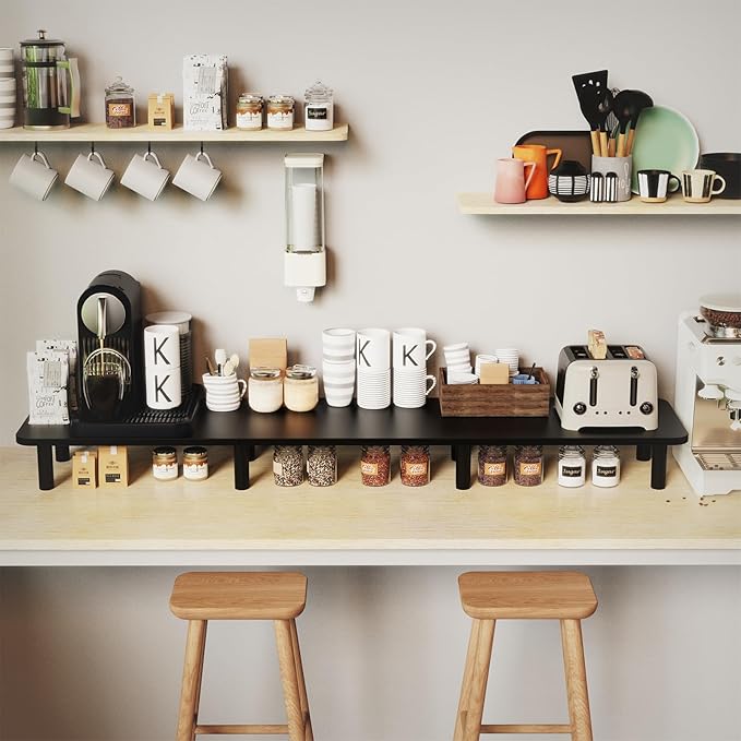 43.7" Extra Long Dual Monitor Stand Riser, Wood & Steel Monitor Stand for 2 Monitors, Wide TV Stand, Desktop Riser for Desk Organization, Home Office，Laptop,Printer,TV (Black)