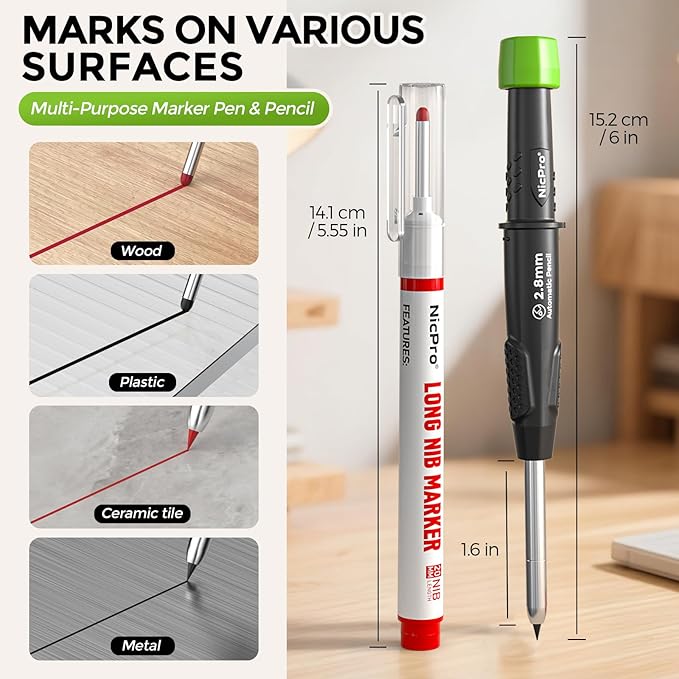 Nicpro Carpenter Pencil with Sharpener & Belt Clip, CP3000 Mechanical Pencils with 6 Refills in a Lead Dispenser, Deep Hole Long Nib Marker Pens for Construction, Woodworking Marking Carpenter Tools