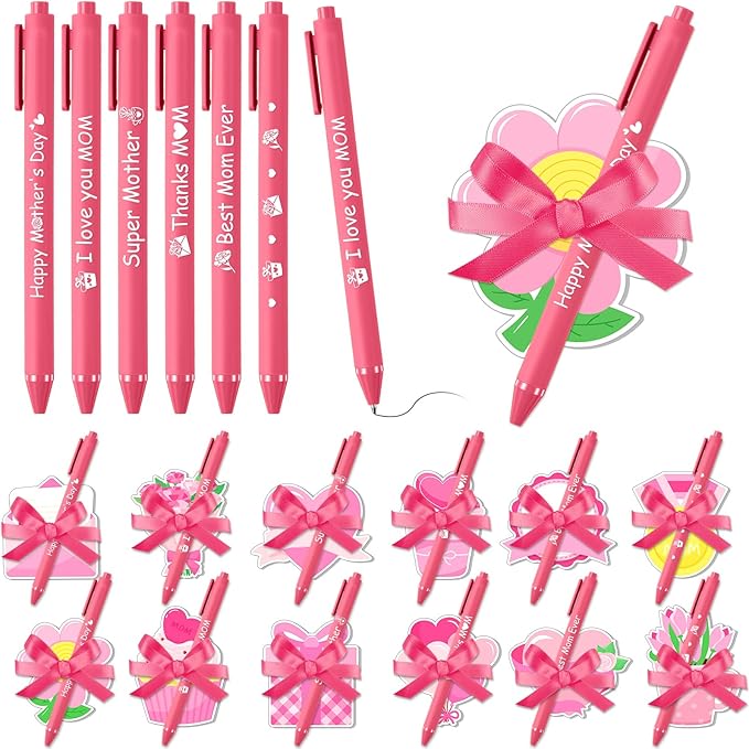 24 Set Mother's Day Sticky Notes and Pens Set Mother's Day Gift Pink Flower Heart Gift Box Bouquet Shaped Self Sticky Notepads Ballpoint Pens for Mothers Day Gift Office Daily Supplies