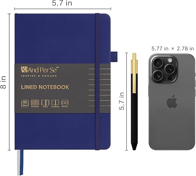 A5 Lined Leather Journal and Pen Set, Hardcover Notebook with Pen, 160 Pages 100gsm Thick Ruled Paper for for Women Men Work Business School or Home Writing, 5.7'' x 8'' (Royal Blue)