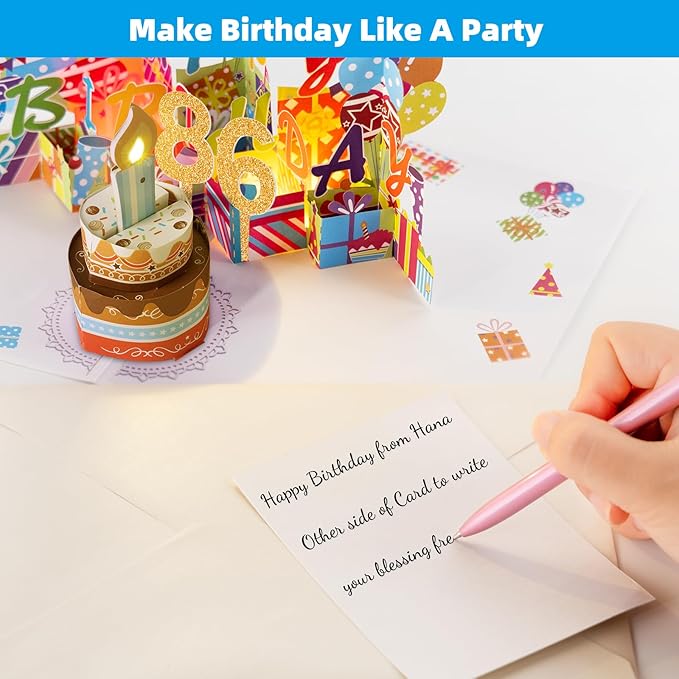 Gumry 86TH Musical Birthday PopUp Card, Blowable Colorful Light Candle 3D Cards with Song, Applause Cheers Sound, Greeting Cards Birthday Gifts Decorations for Women Men Turning 86 Years Old