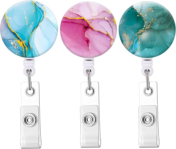 Retractable Badge Reel, Badge Holder with Alligator Clip, Cute Badge Clip on ID Name Card Holders for Nurse Doctor and Office (3Pack Watercolor Marble)
