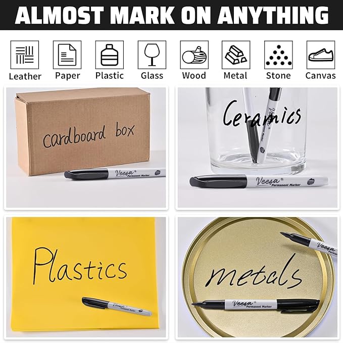 VEESA Permanent Markers - Fine Tip, 36 Pack Black Permanent Marker Pens for Office, School & Home, Waterproof, Smear-Proof, Quick-Drying