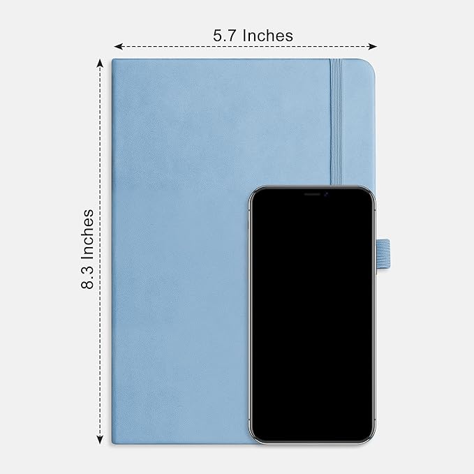 RETTACY Lined Journal Notebook, 192 Numbered Pages, A5 Medium Size (5.7'' x 8.3''), for Men & Women, Journaling, Writing, Work & Office, Leather Hardcover, 100 GSM Thick Paper (Light Blue)