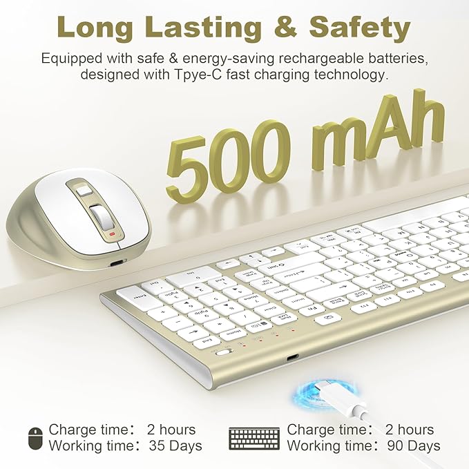 Wireless Keyboard and Mouse, USB Type C Rechargeable Slim Silent Keyboard Mouse, Compact Full-Size Keyboard with Number Pad and Cover for Windows, macOS, PC/Computer/Laptop - Gold