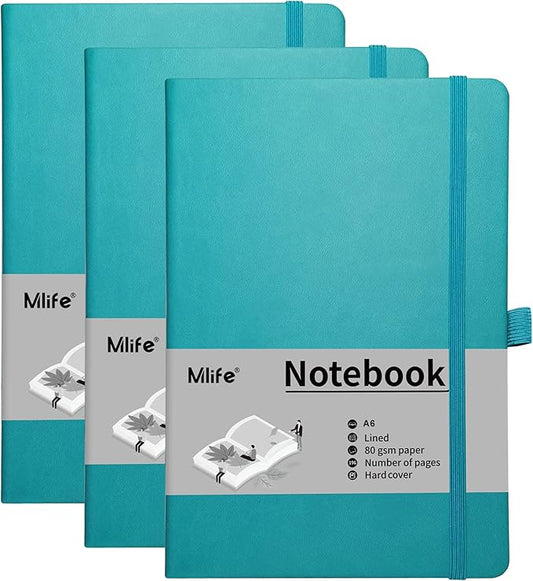 A6 Small Journal Notebook, Lined Pocket Notebook with Pen Holder, Mini Notebook Hardcover, 192 Pages, 3.9 inches * 5.5 inches Jurnal for Women and Man (3Pack Turquoise)