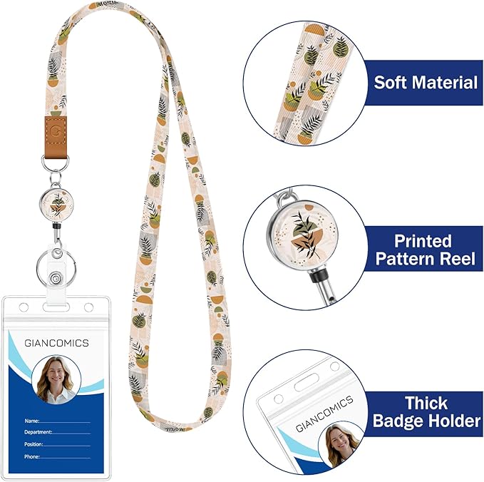 Giancomics Lanyards for Id Badges, Leaf Cute Lanyards with Retractable Reel, Boho Waterproof ID Badge Holder for Cruise Ships Cards Key, Office Work Name Tag Zip Card Protector 2 Pack
