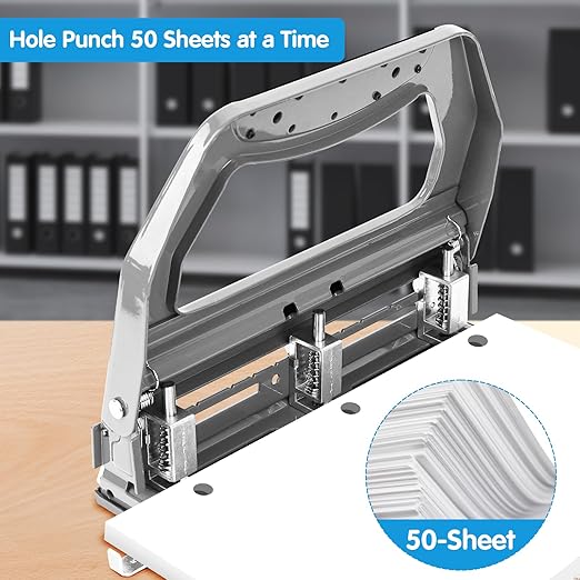 AFMAT Heavy Duty 3 Hole Punch, 50-Sheet, 50% Reduced Effort, Adjustable Two & Three Hole Punch, Metal Paper Puncher w/Large Chip Tray, Metal Paper Guide, Gray