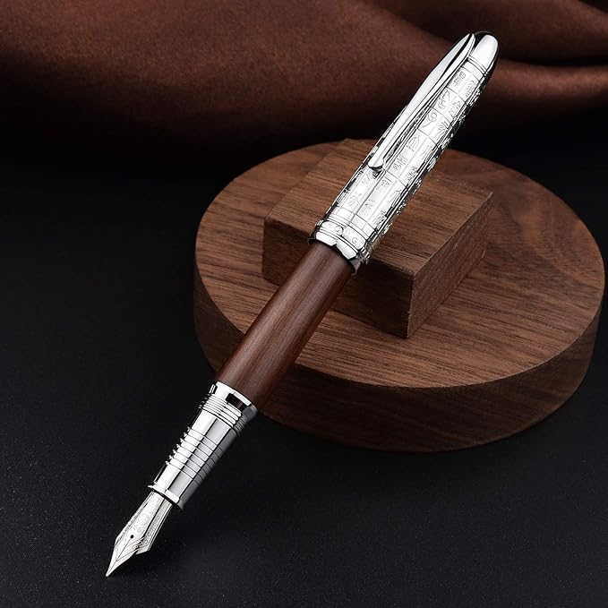 Hongdian 6016 Natural Wood Fountain Pen, Iridium Medium Nib Writing Pen with Metal Pen Case