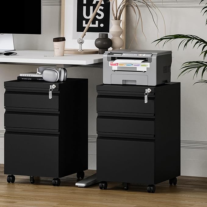 MIIIKO 3 Drawer File Cabinet, Metal Filing Cabinet with Lock Rolling Wheels, Office Storage Under Desk,Deep Drawers for Hanging Legal Letter Fill, Full Assembled Except Casters