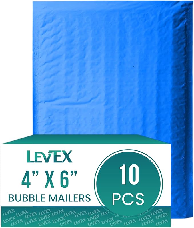 Levex - #0000 4" x 6" [10 Pack] Blue Poly Bubble Mailers, Padded Envelope Mailers, Packing Envelope & Mailing Bags for Shipping