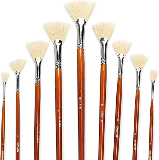 DUGATO Artist Fan Paint Brush Set of 9, White Hog Bristle Natural Hair Anti-Shedding Brush Tips, Long Wooden Handle for Comfortable Holding, Great for Acrylic Watercolor Oil Painting