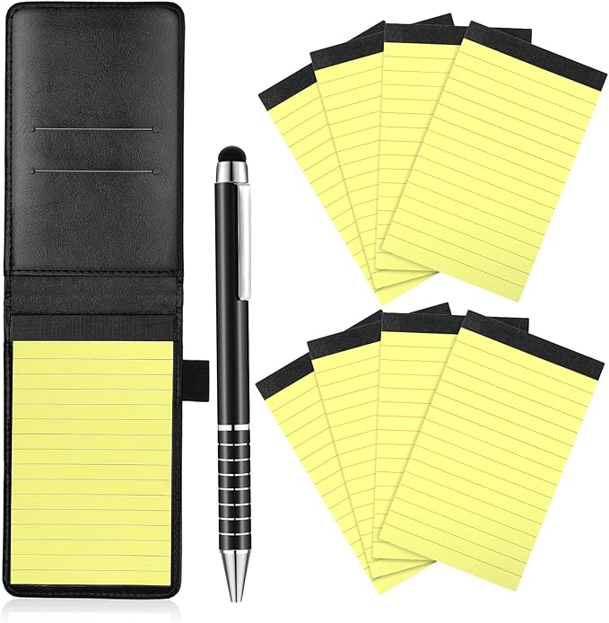 Outus 10 Pcs Pocket Notebook with Pen Set Included Mini Pocket Notepad Holder with 50 Lined Sheets, Metal Pen, 8 Pcs 3 x 5 Inch Memo Book Refills, 30 Lined Paper Per Note Pad (Black, Yellow)