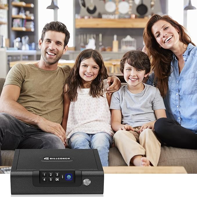 Gun Safe,Biometric Gun Safe for Pistols 3-Ways unlock Fingerprint Digital PIN Key Unlock with Voice, Lock box for Cloakroom living room Bedroom Nightstand and Car BILLCONCH