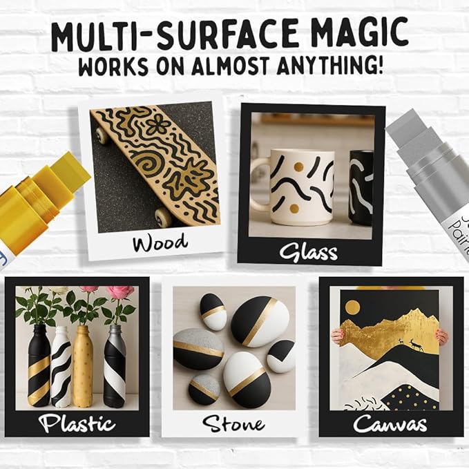 4 Jumbo Poster Markers (15mm, White, Black, Gold & Silver) | Fat Acrylic Paint Markers for Wood, Glass, Metal, Walls, Fabric - Large Thick Permanent Paint Pens for Signs, Board, Teachers