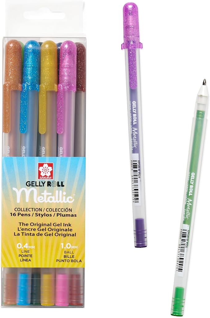 SAKURA Gelly Roll Metallic Gel Pens - Pens for Scrapbook, Journals, or Drawing - Colored Metallic Ink - Medium Line - 16 Pack