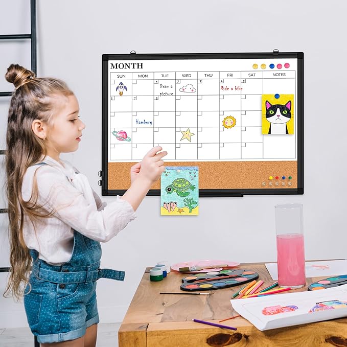 Monthly Calendar Whiteboard Dry Erase Cork Board Combo for Wall, 36" x 24" Magnetic Double-Sided Calendar White Board and Bulletin Board, Portable Board for Office, Kitchen, School, Home