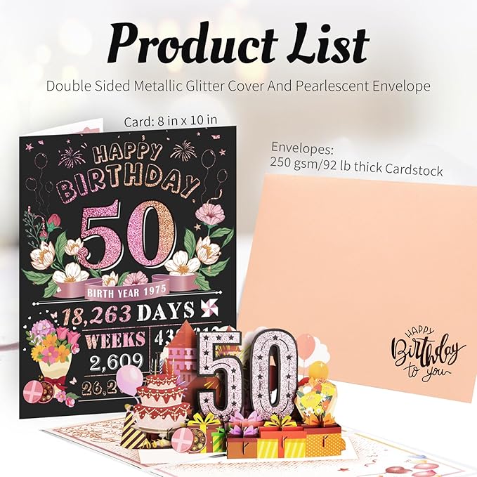 50th Birthday Card for Women Mom, Jumbo 3D Pop Up 50th Valentines Day Gifts Card for Wife Her, Happy 50th Birthday Decorations for 50 Year Old Women Funny Birthday Gifts, Review of 1975, Pink