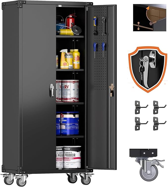 Aobabo Black Metal Garage Cabinet with Pegboard,72In Lockable Storage Cabinets with 2 Doors&4 Adjustable Shelves, Steel Cabinets for Garage&Home Storage,Easy-Assembly