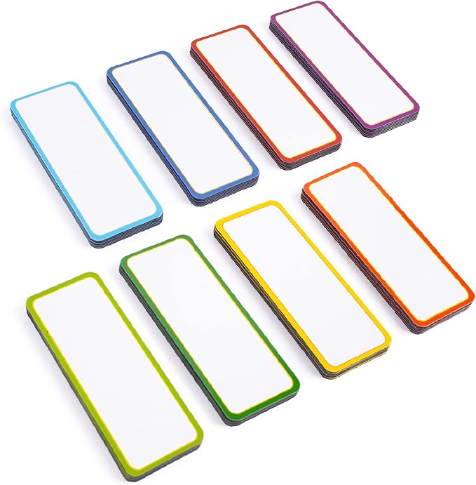 Availey 48 Pieces (3.2 x 1.2") - Colored Border Magnetic Dry Erase Labels - Reusable Strips for Classroom Home Office Garage Refrigerator Blank Writable Erasable Cards Name Tags Students Locker Shelf