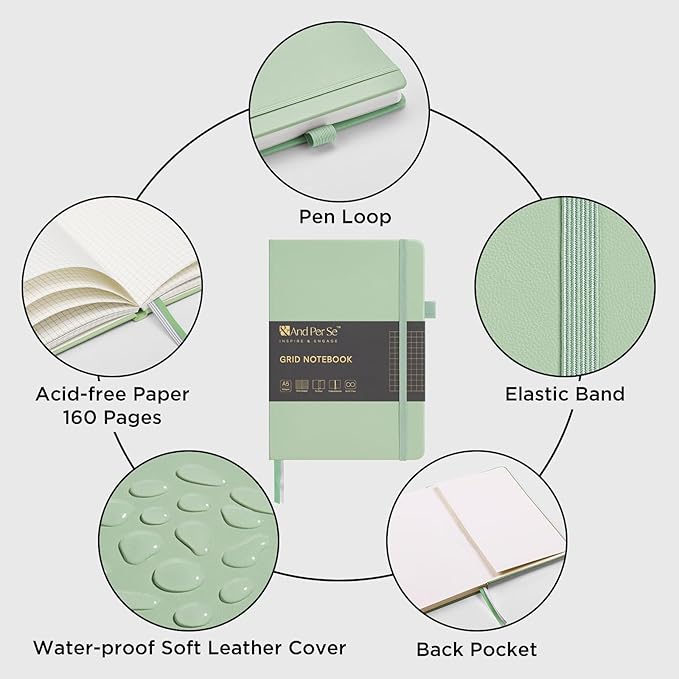 &And Per Se Graph Journal Notebook, 160 Pages, 5.7 x 8 inches College Ruled Thick Paper Notebook Journals for Writing, Grid Hardcover Notebook(1 Pack, Light Green)