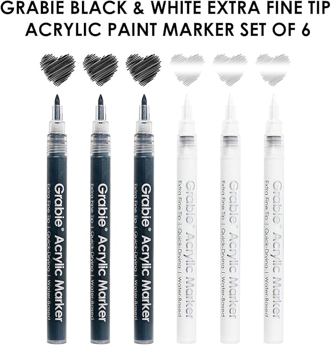 Grabie Black & White Extra Fine Tip Acrylic Paint Marker Set, 6 Pack, 0.7mm Acrylic Paint Pens for Highlights and Fine Details on Drawings, Rock Painting Glass Canvas Wood, White Highlight Markers